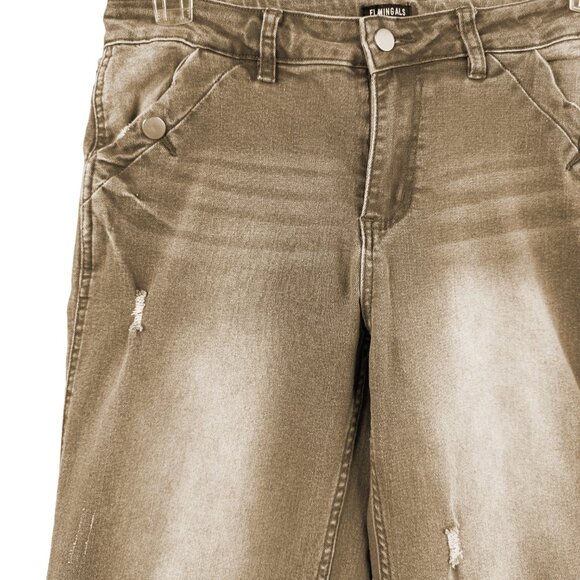 FLAMINGALS Brown Wide Leg Jeans Women’s Size Large Stretch Denim Distressed - Picture 5 of 15